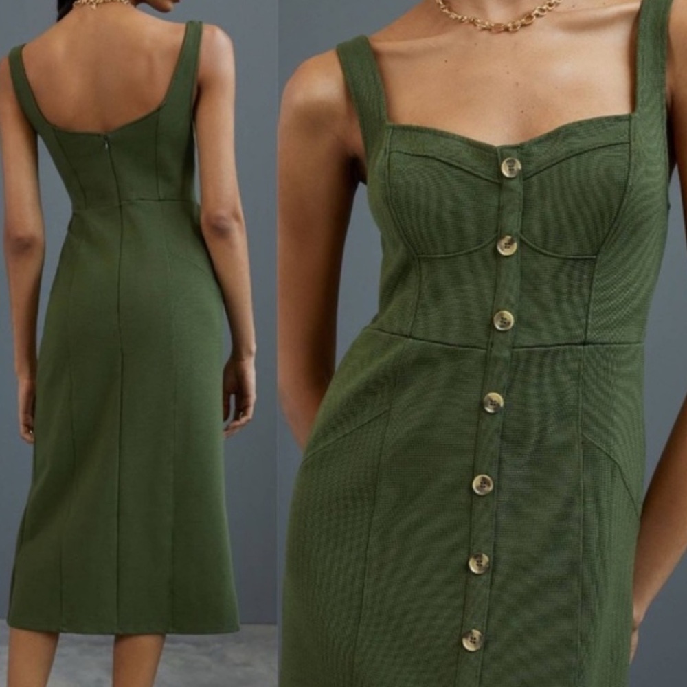 Maeve Anthropology Olive Green Midi Dress with Button Detail Size 10